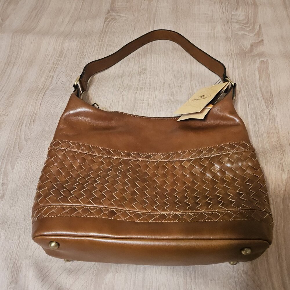 Patricia Nash Winnett Vintage Distressed Woven Leather Hobo Bag Cognac-NWT - Picture 2 of 12